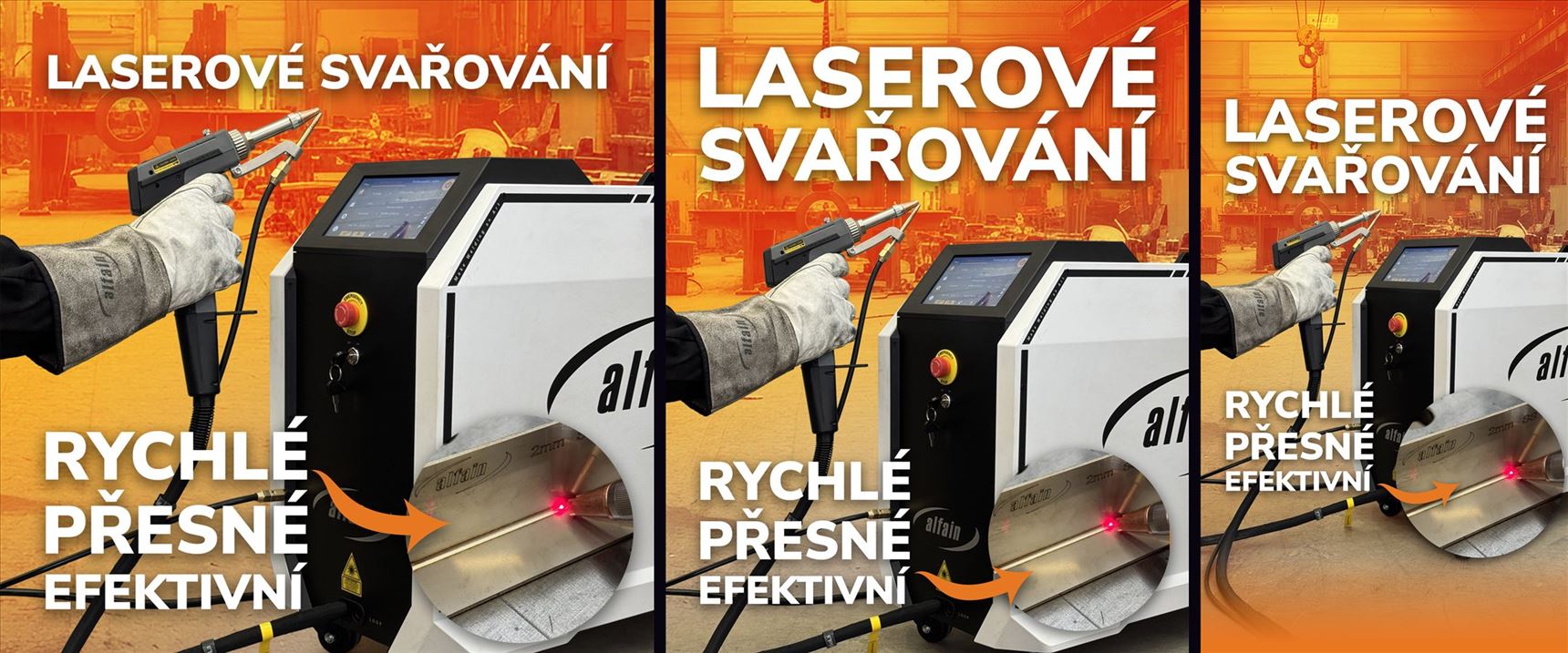 Stejná kampaň laserového svařování ve třech formátech pro sociální sítě — 1:1, 4:5 a 9:16